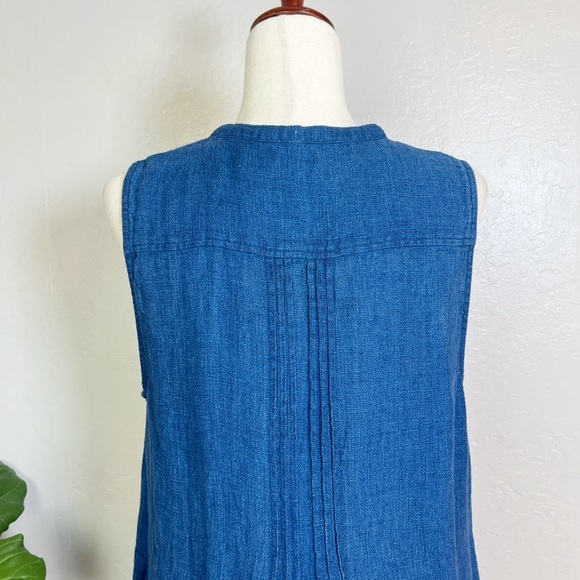 FAHERTY Women’s Size L Blue Linen Isha Sleeveless Pintuck Button-Bodice Dress - Picture 7 of 12